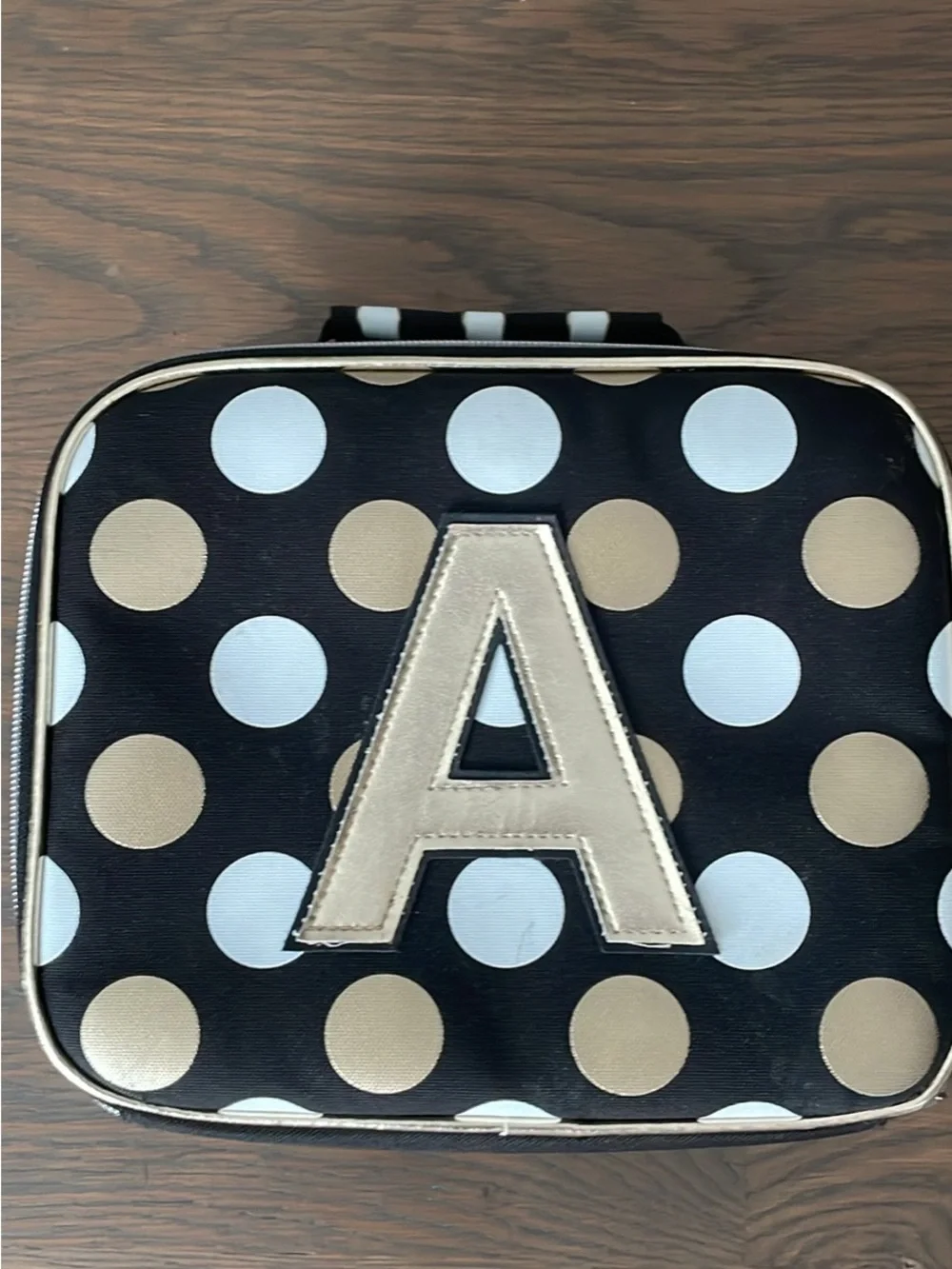 Justice Black Polka Dot Lunch Bag with Gold Initial A